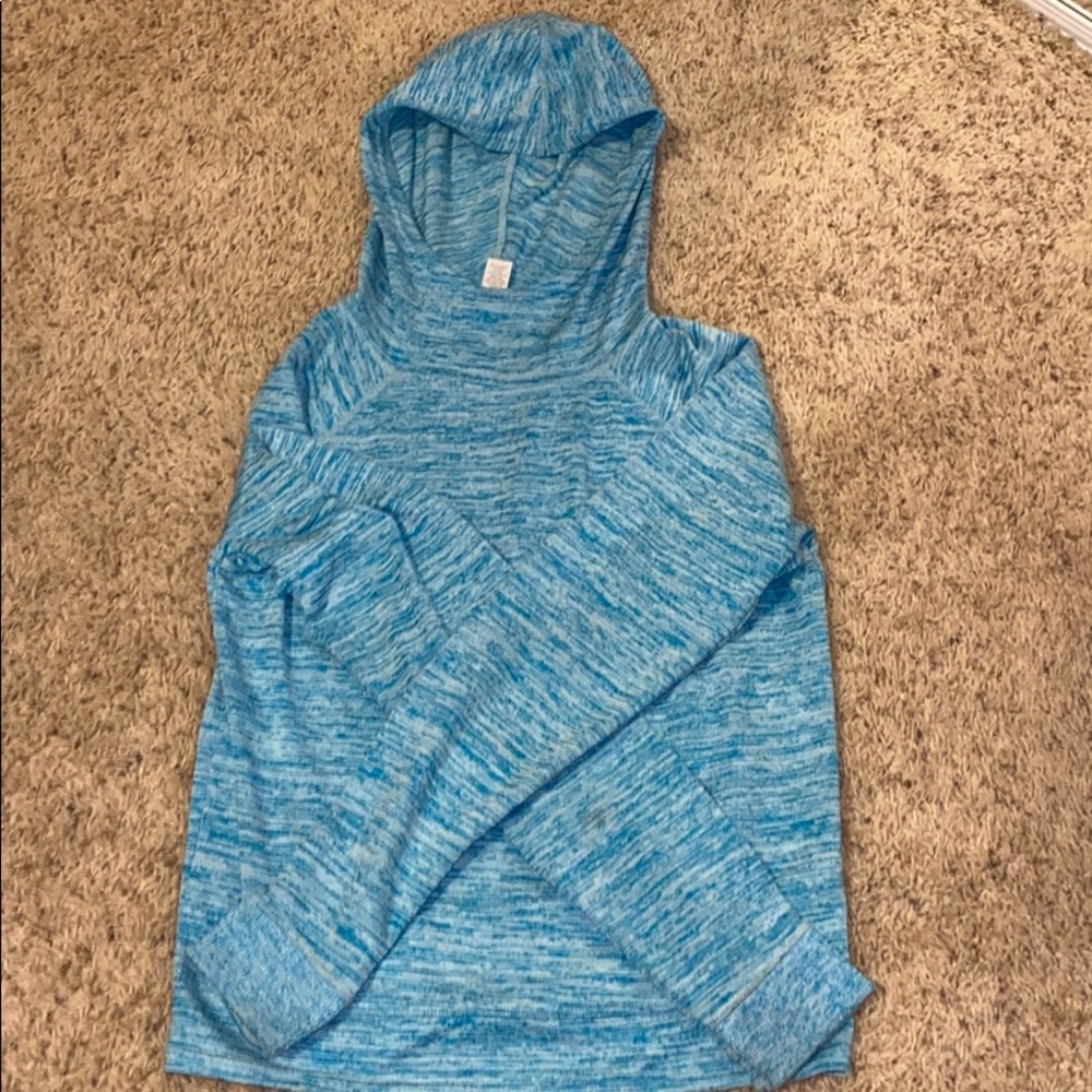 blue & white Athleta Girl sweatshirt